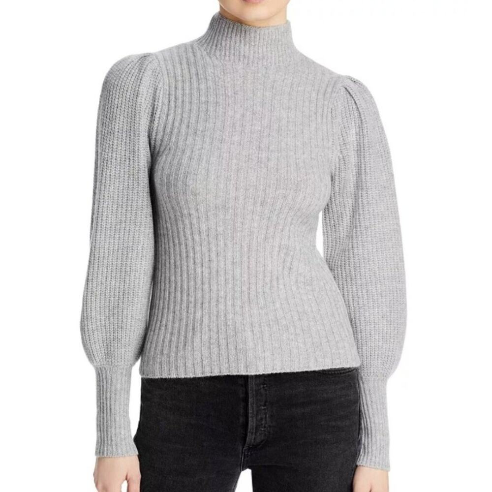 Aqua 100% Cashmere Sweater Womens XS Gray Balloon Sleeves Ribbed Knit Mock Neck